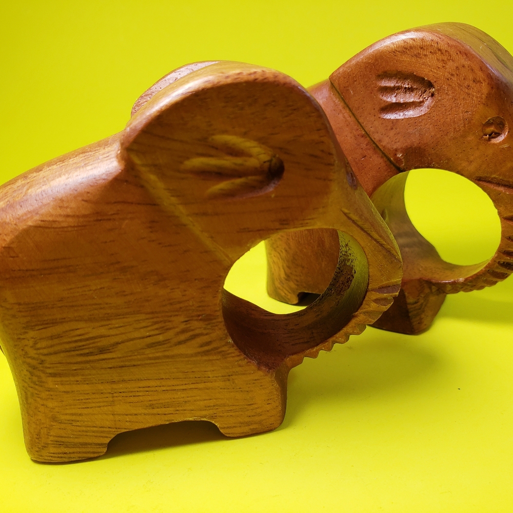 Hand-Carved Wooden Elephant Napkin Rings - Set Of Two